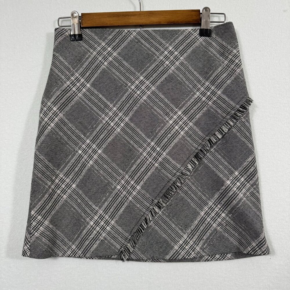 Free People Black and White Plaid Mini Skirt Sz 0, Fringe
